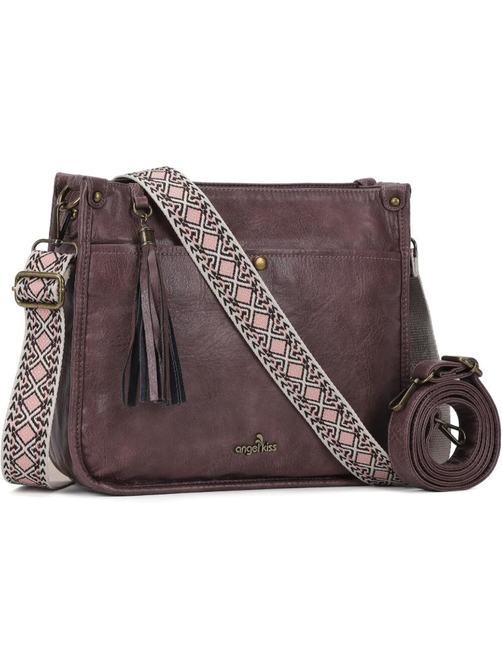 Women's Purple Vegan Leather Crossbody Bags Ladies Tassel Bag with Guitar Strap